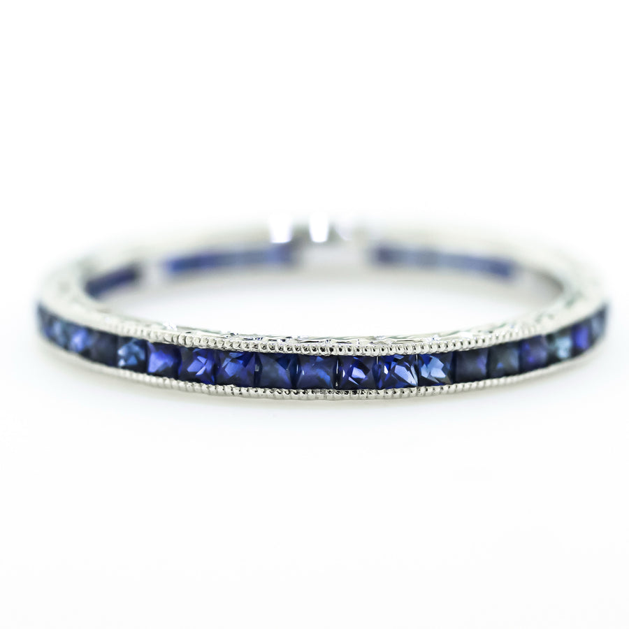 White Gold Engraved Sapphire Eternity Band