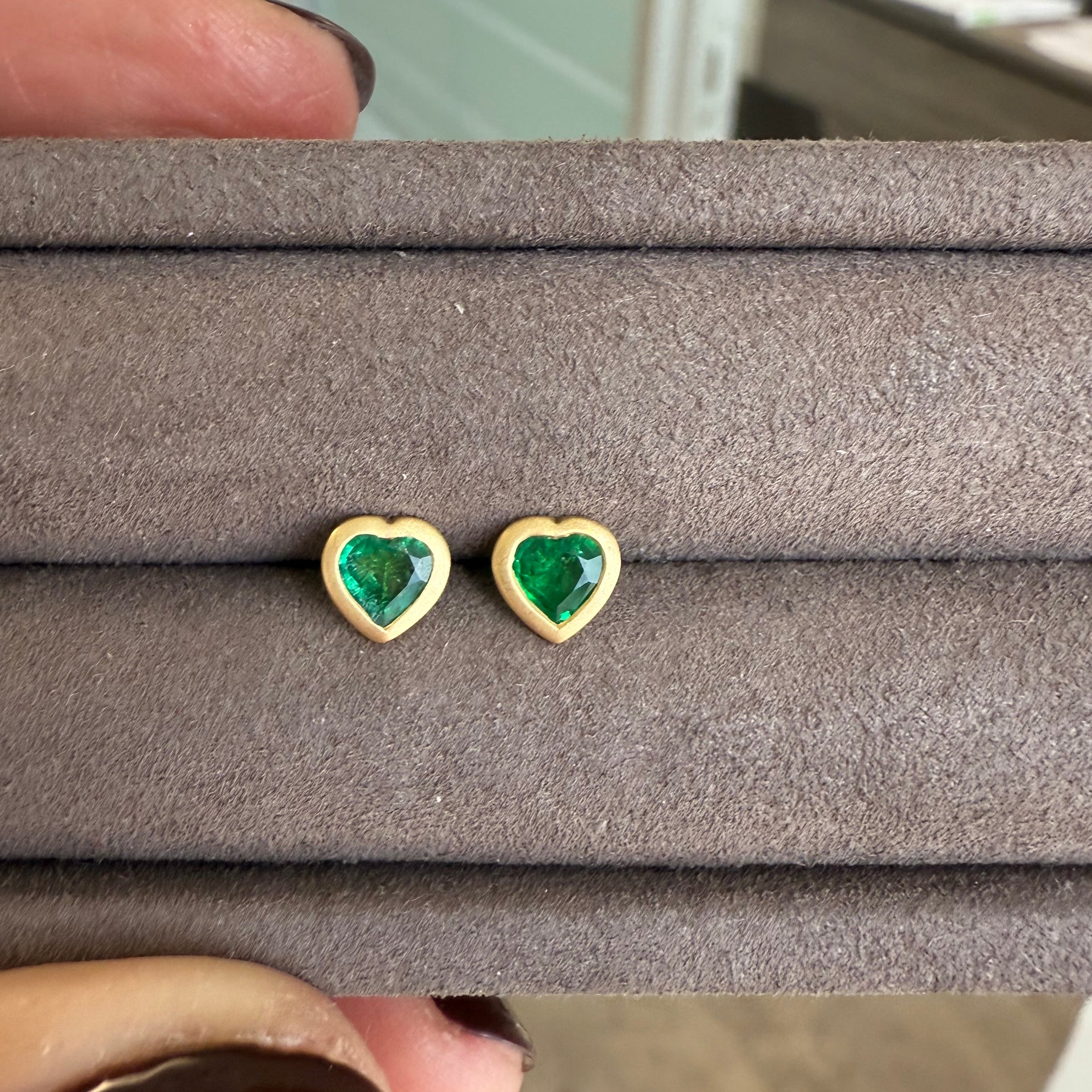 Natural Green Emerald Heart Shaped Earrings - Bezel Set in Gold 