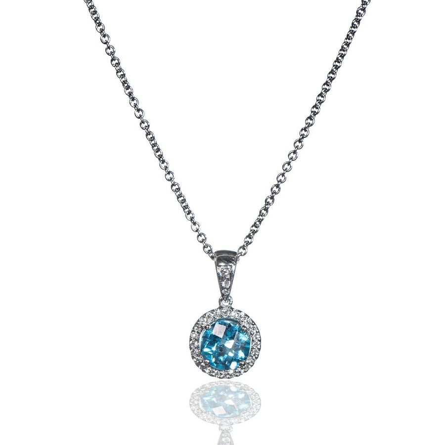 14K White Gold, Diamond, and Blue Topaz Pendant Necklace