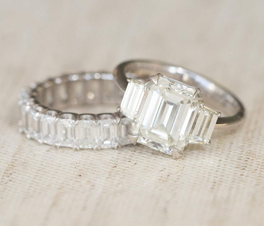 Three stone emerald cut diamond ring with wedding band Clearance