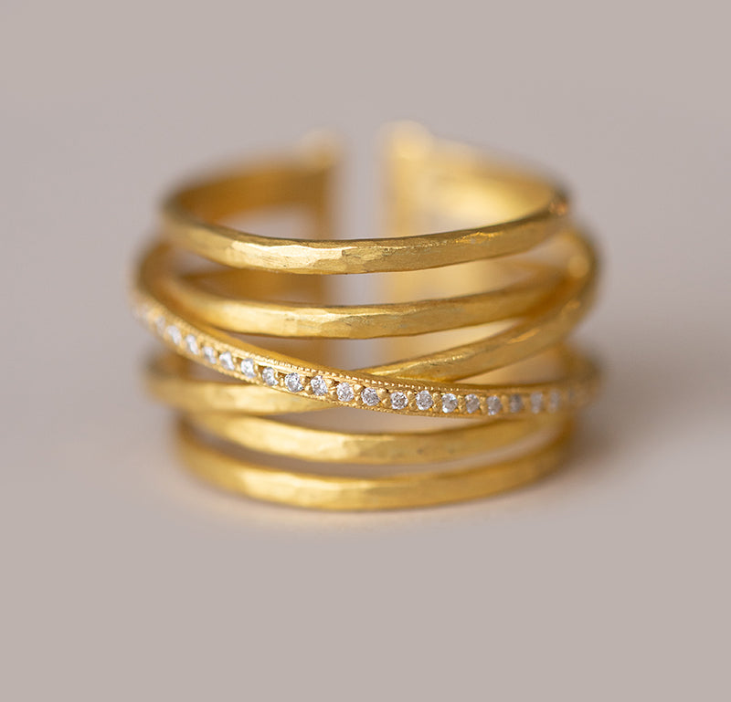 Wide Hammered Yellow Gold Ring