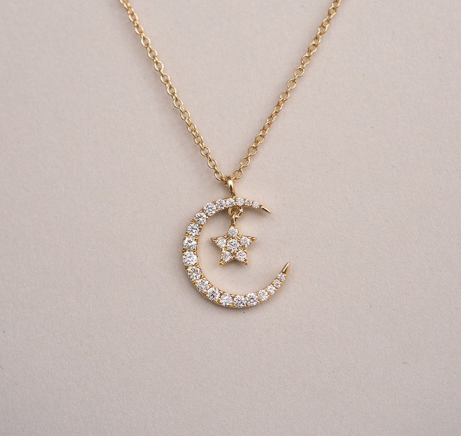 Quality Gold Sterling Silver CZ Moon and Star Necklace QG5206-16 - The  Diamond Family